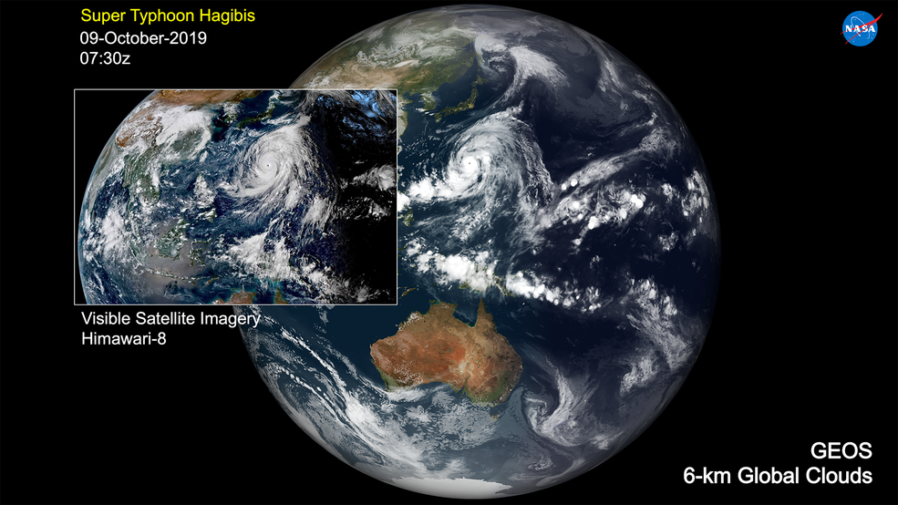 The intense tropical cyclone Hagibis as represented by a visible-light satellite image (inset) and the larger visible cloud image produced by the experimental GEOS model