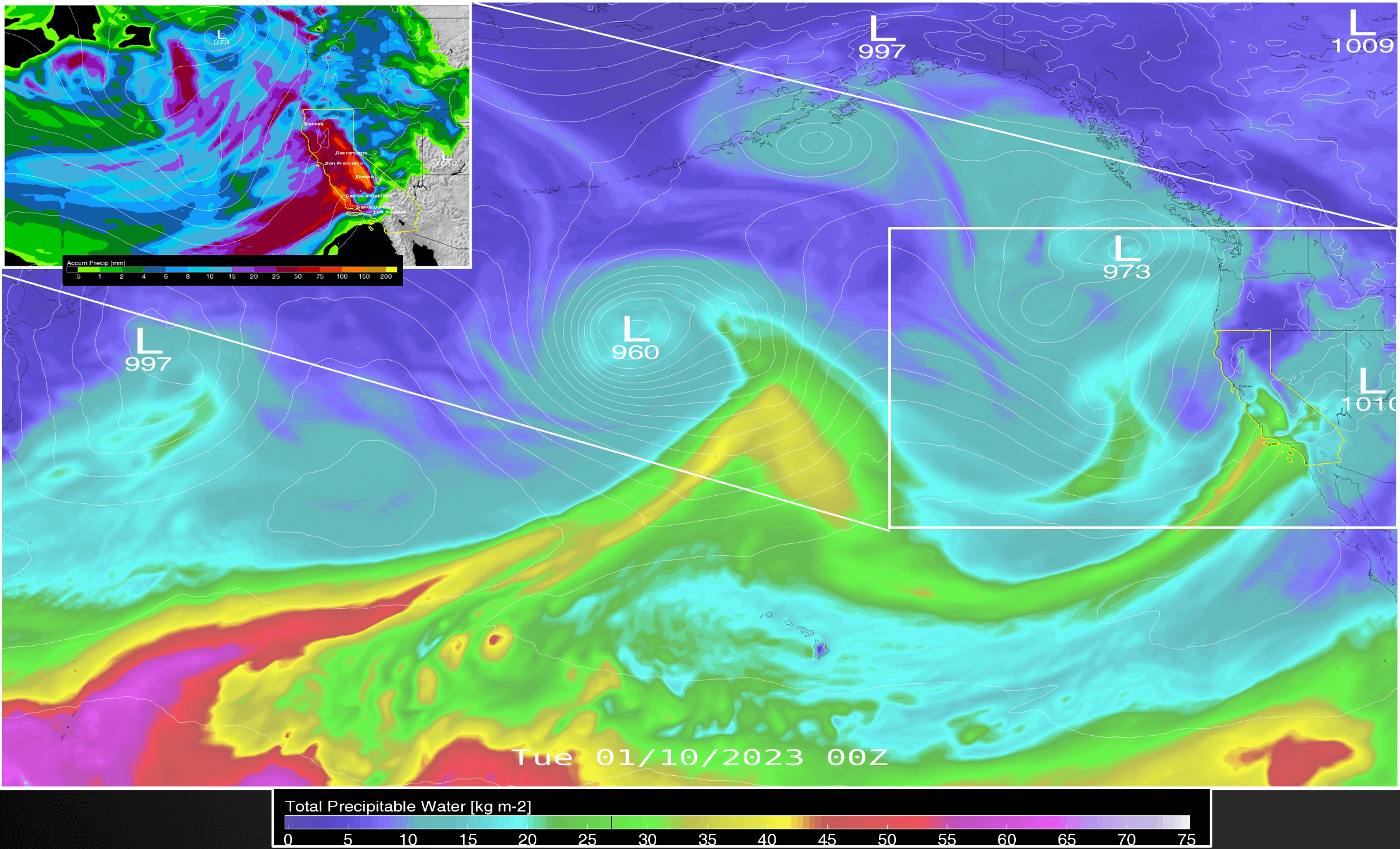 Visualization of total precipitable water over California during an atmospheric river event