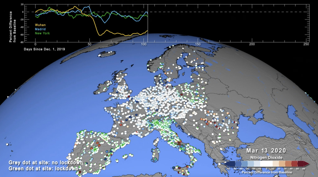 Map showing nitrogen dioxide emissions over Europe