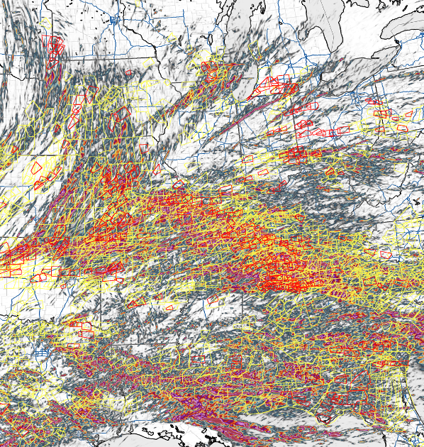 Section of U.S. map showing weekly helicity tracks overlayed with NWS severe thunderstorm and tornado warning polygons
