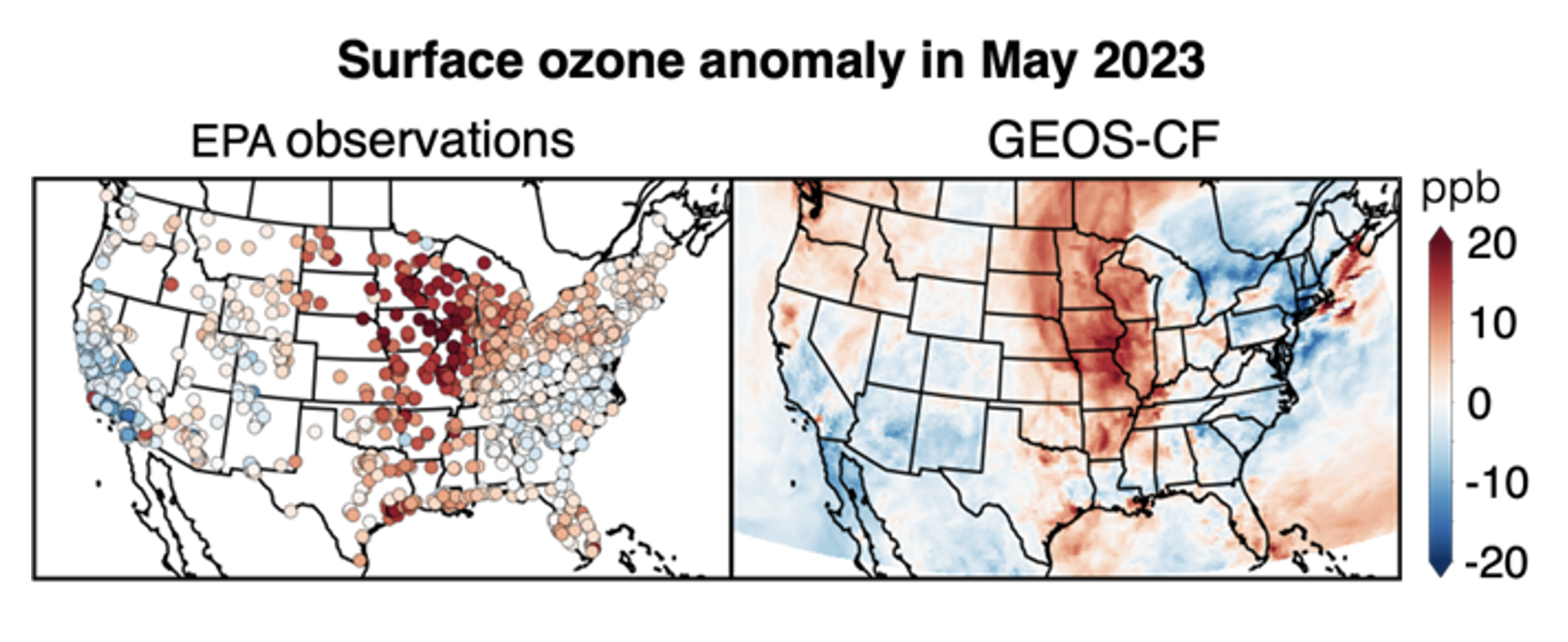 ”U.S. maps showing surface ozone anomalies for May 2023 in (left) the EPA observations and (right) the GEOS-CF system