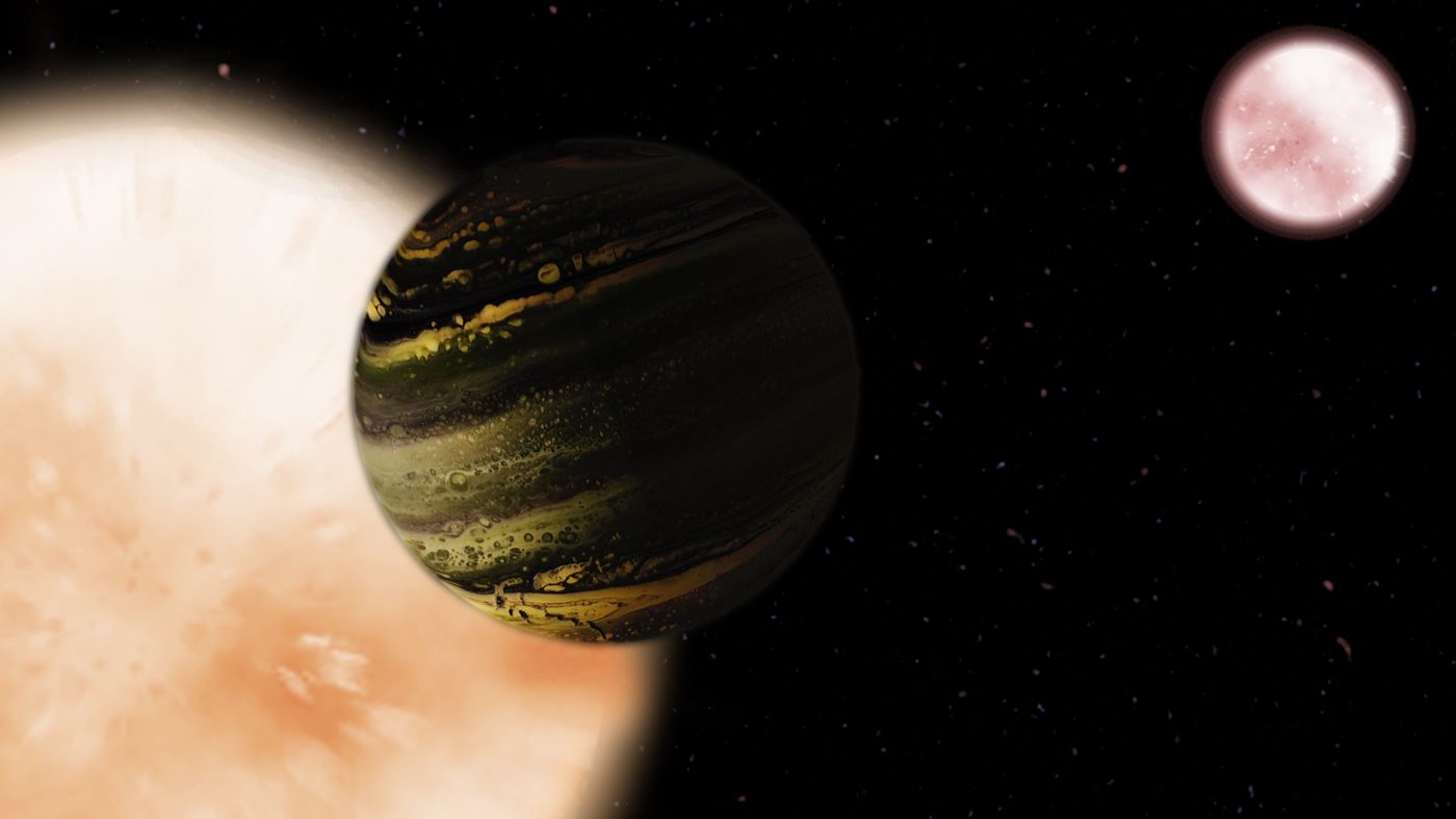Illustration of planet orbiting around two stars
