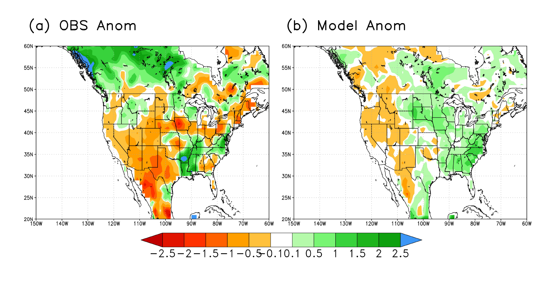 Observed (left) and model (right) precipitation anomaly for June, July, and August from the March forecast