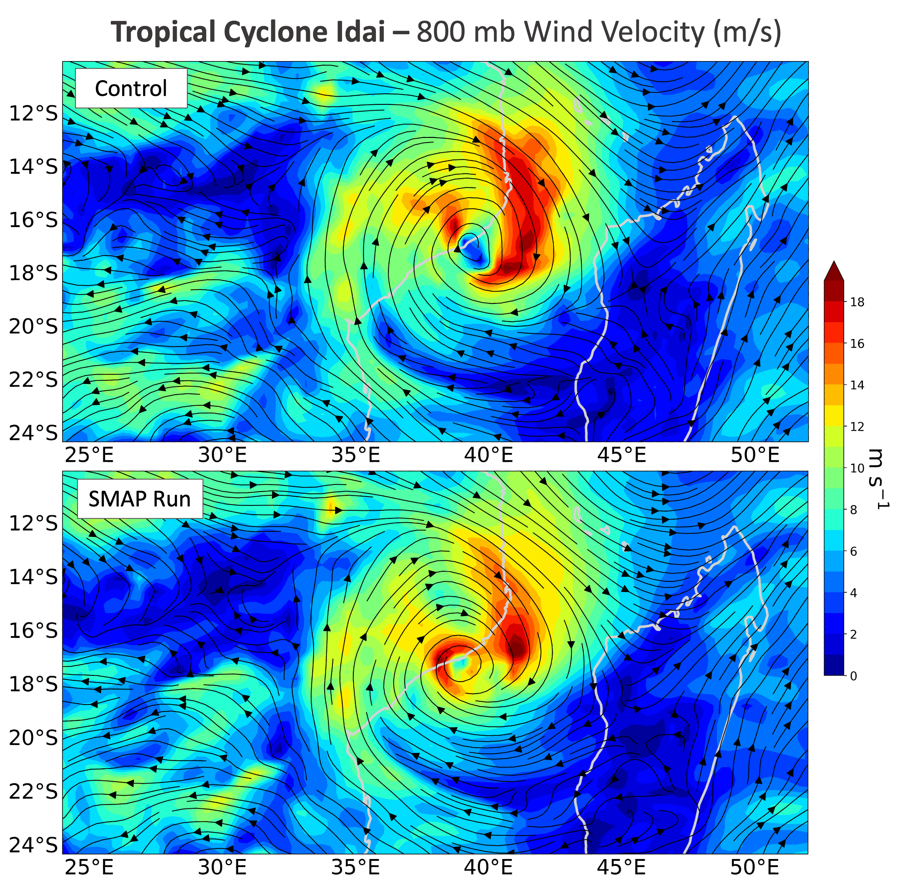 "Visualization of 800-hPa wind velocity [m/s] at 00z on Mar 9, 2019, in the control experiment (top) and the experiment with SMAP data assimilation (bottom)").