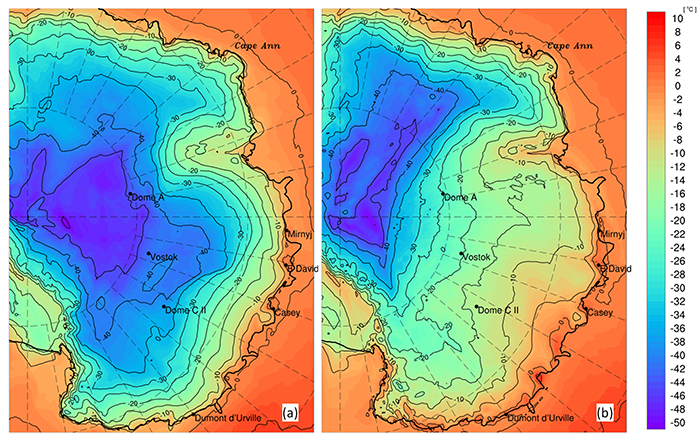 Antarctica maps showing maximum 2-m air temperatures for (left) 1-9 March, and (right) 15-23 March