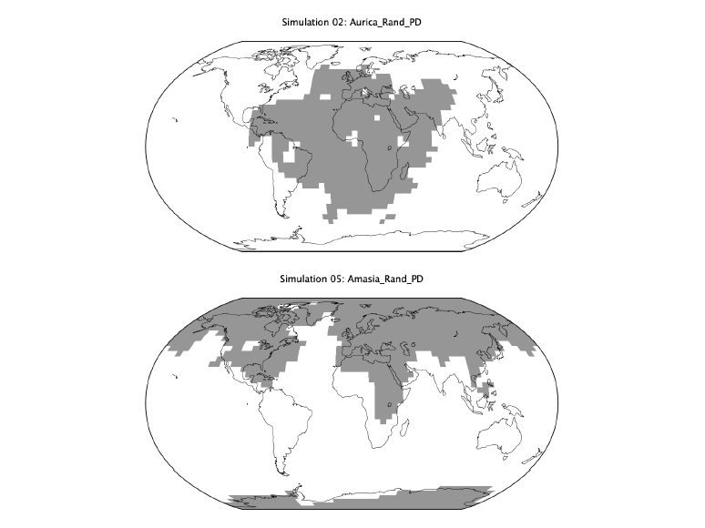 Images comparing the Aurica (top) Amasia (bottom) supercontinents