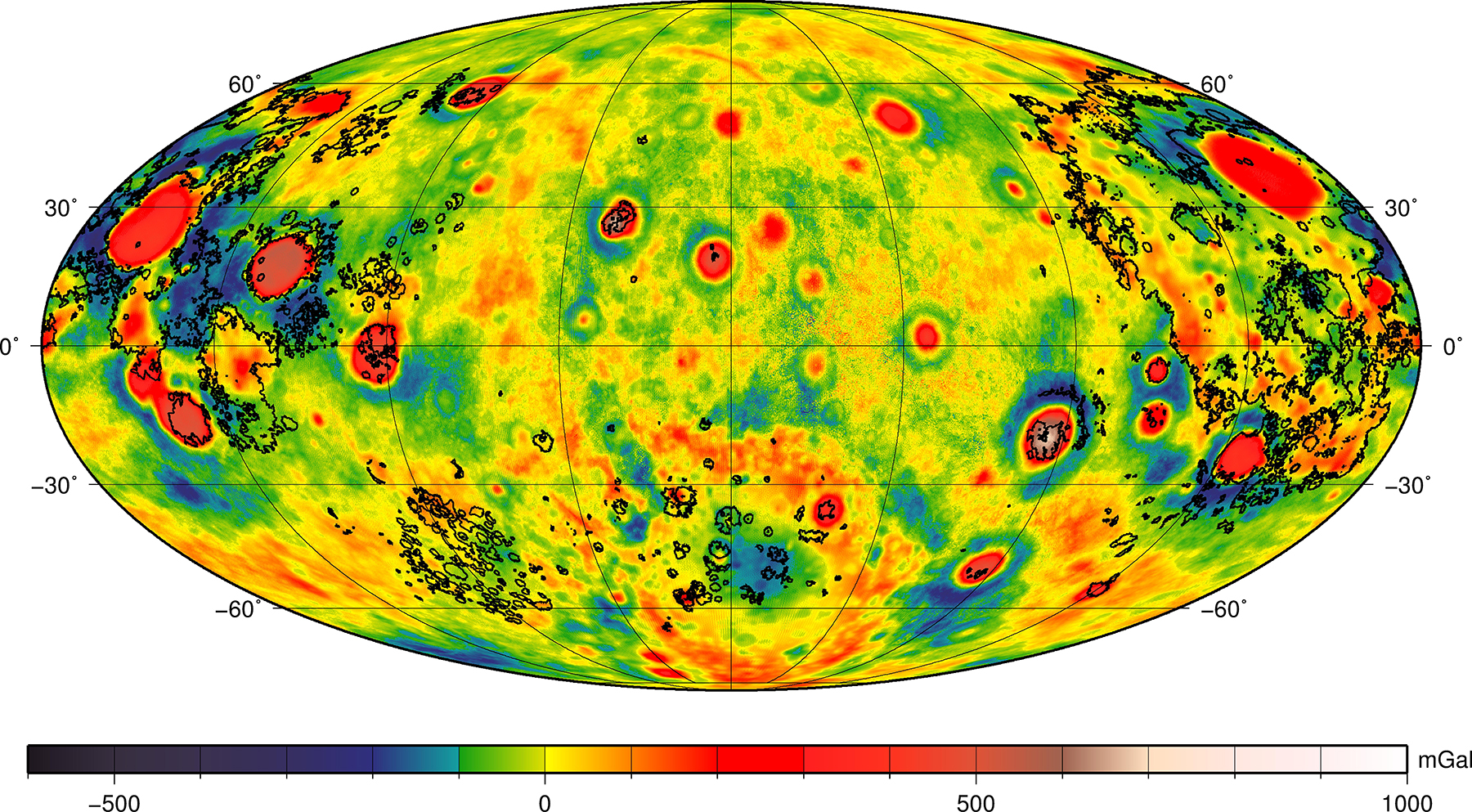 Mollweide projection map of the Moon's crust