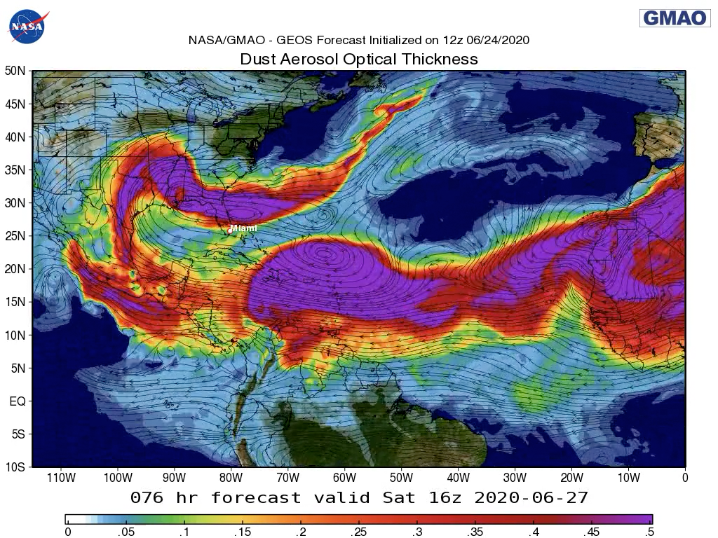 Forecast map of dust aerosol optical thickness over the Atlantic Ocean and southern U.S.