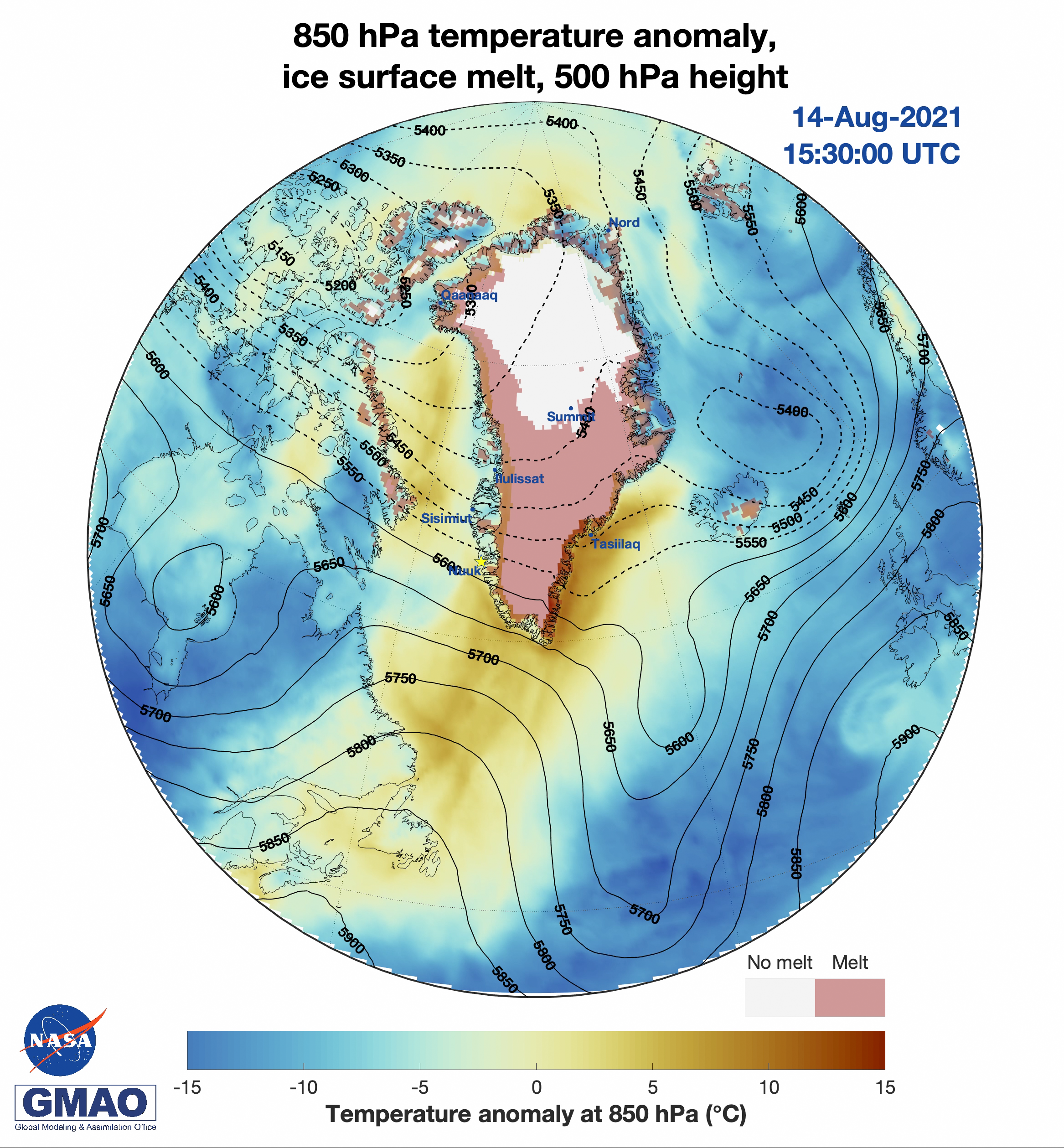 Visualization of air temperature anomaly, ice surface melt extent, and 500 mPa height during peak melt extent on Greenland