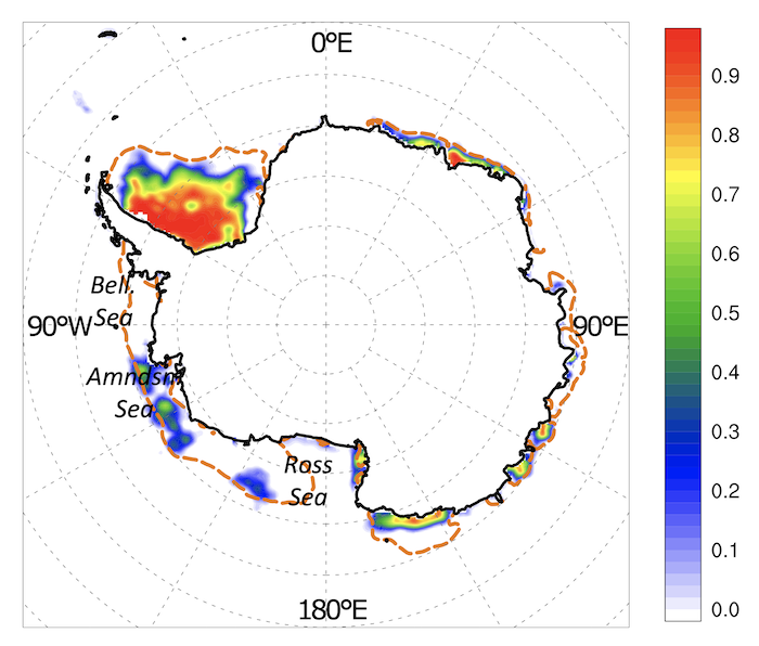 Map showing southern hemisphere monthly sea ice fraction for January 2023
