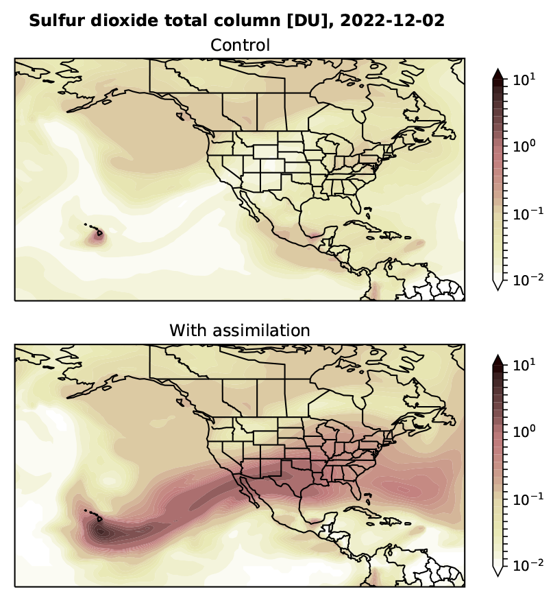 Map of western hemisphere showing model simulated daily average total column of SO2 for Dec. 2, 2022, without (top) and with (bottom) assimilation of OMI SO2