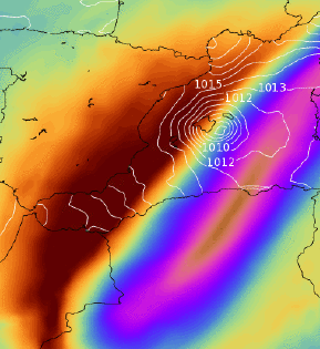 Section of map showing Medicane Trudy forecast