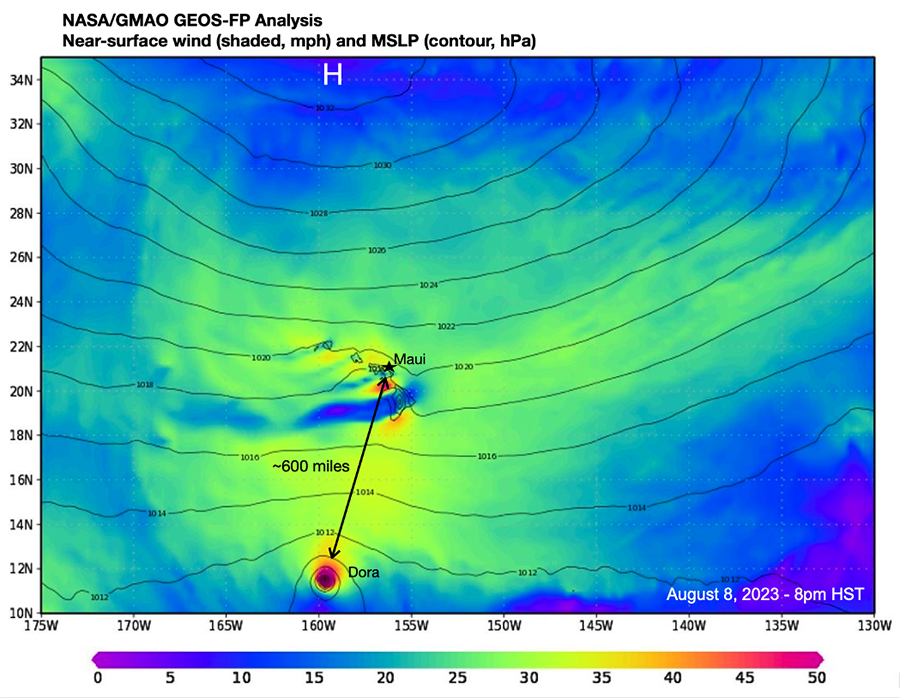 Visualization of near-surface winds and mean surface level pressure around Maui