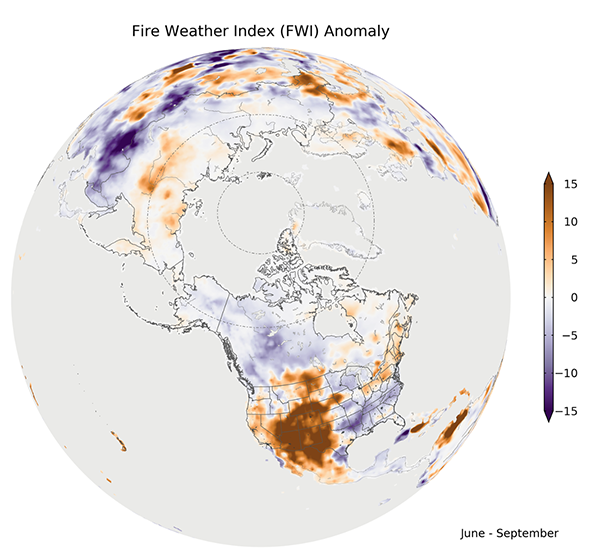 map of Fire Weather Index seasonal anomalies across North America during June–September 2020