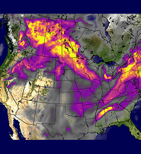 Map of aerosol optical depth due to black and organic carbon over North America at 6 UTC on July 21, 2021