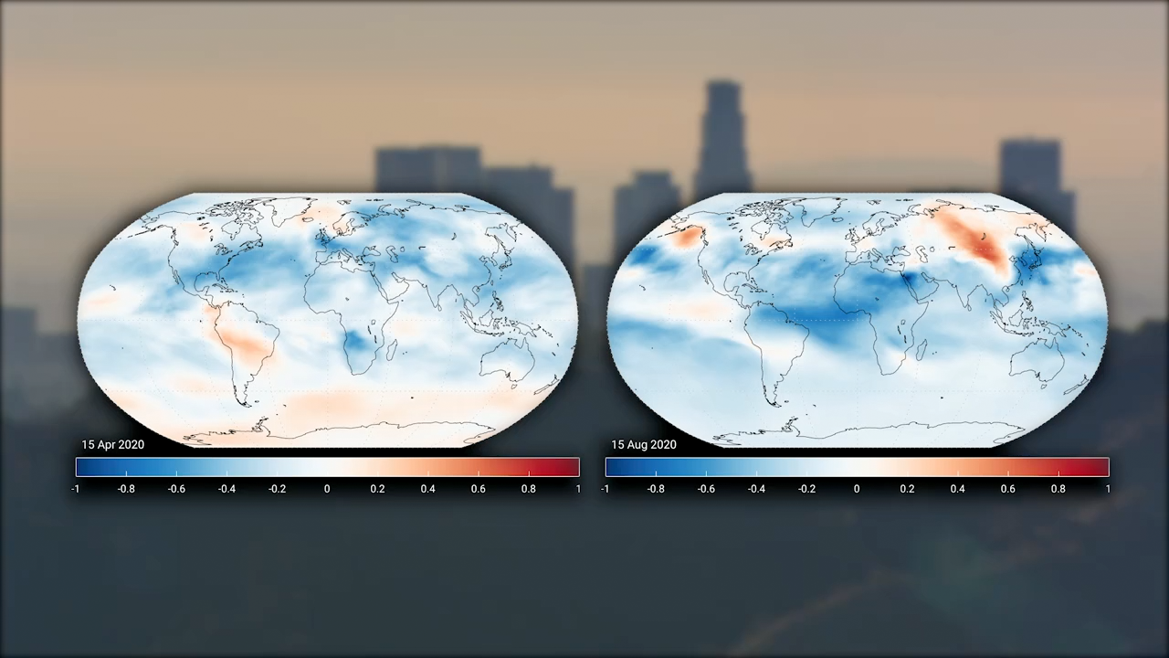 World maps comparing carbon dioxide for 15 April 2020 and 15 August 2020